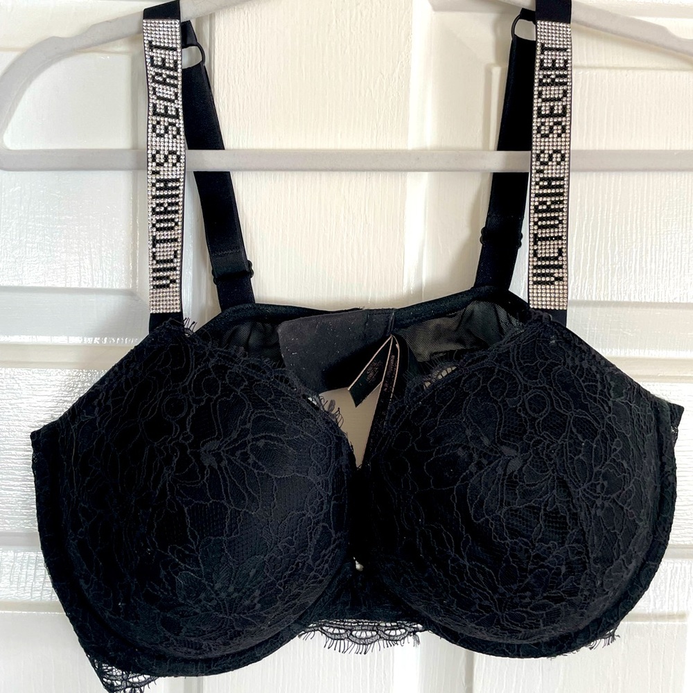 Victoria's Secret, Push-up bra, size 38D. Sparkle logo straps. Black lace.